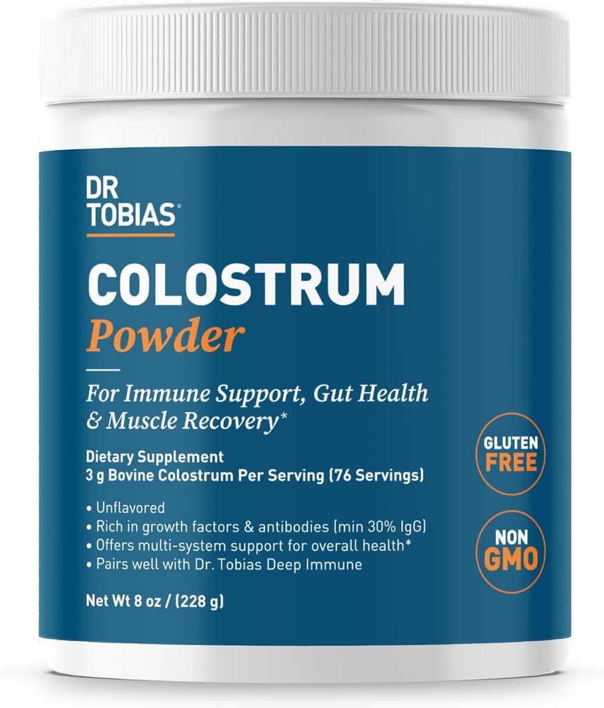 Dr. Tobias Colostrum Powder, Premium Bovine Colostrum Suplemento para Immune Support, Gut Health &amp; Muscle Recovery, 3g Por Serving, Mínimo 30% IgG, Unflavored, 8 oz, 76 Servings