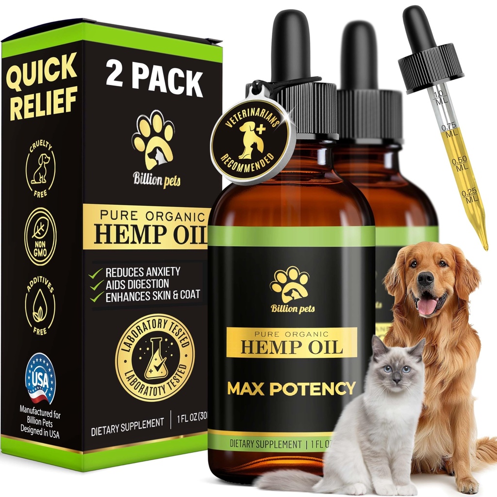 Billion Pets - Aceite de cáñamo para perros y gatos - Ayudas con ansiedad, dolor, estrés, sueño, artritis, incautaciones Alivio - Hip and Joint Support - Calming Drops