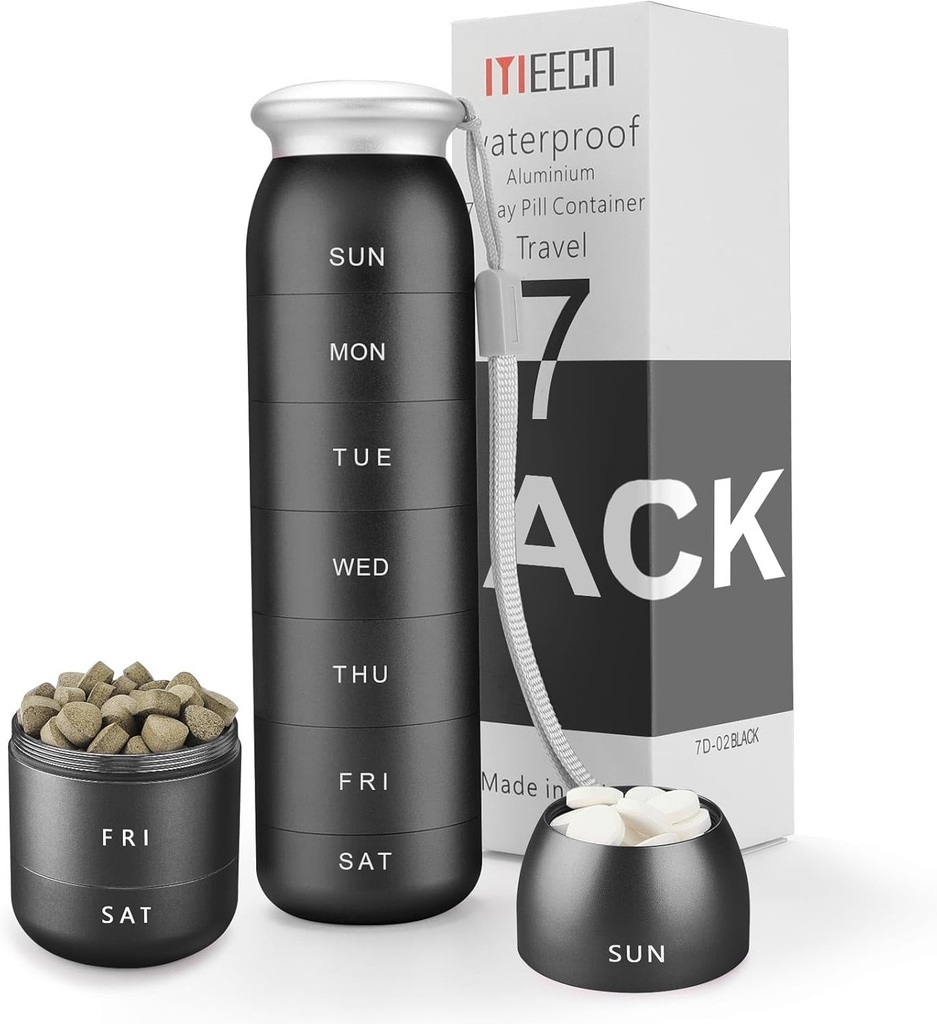 Organizador semanal de píldoras, Portable Travel 7 Day, Waterproof Container, Large, Aluminum, Metal, Hold Vitamins, Cod Liver Oil, Supplements and Medications (Black)