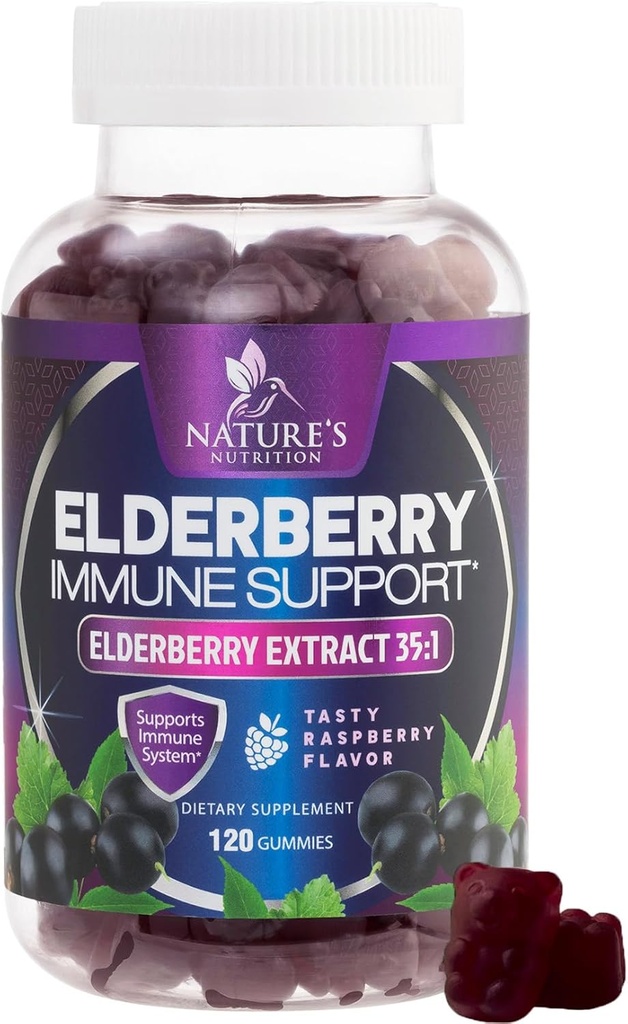 Elderberry Immune Support Gummies - Super Concentrado 35:1 Extracto, Equivalente a 4200mg de Elderberries - Sambucus Black Elder Berry Vitamin Suplemento, Asistencia diaria para adultos de niños - 120 Gummies