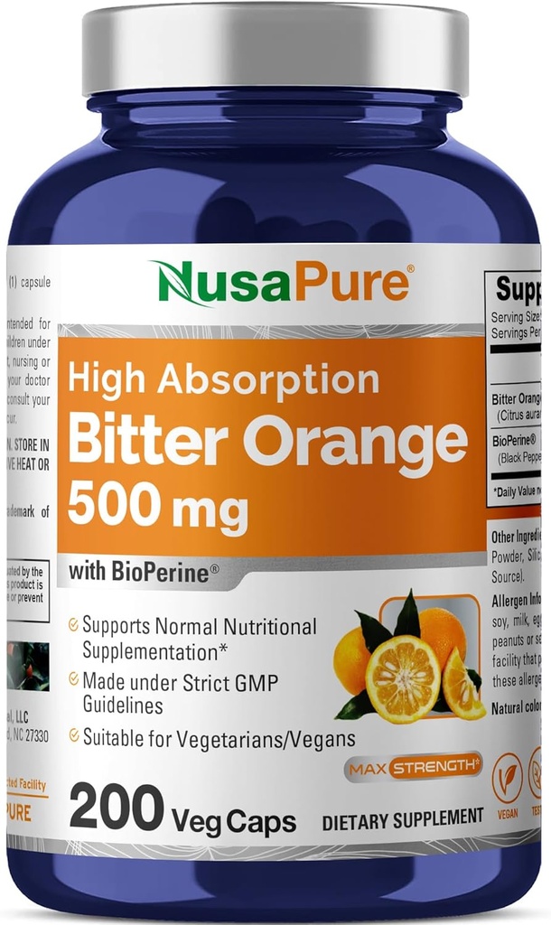 NusaPure Bitter Naranja 500mg 200 Veggie Caps (Vegetariano, No GMO, Vegan) Bioperina