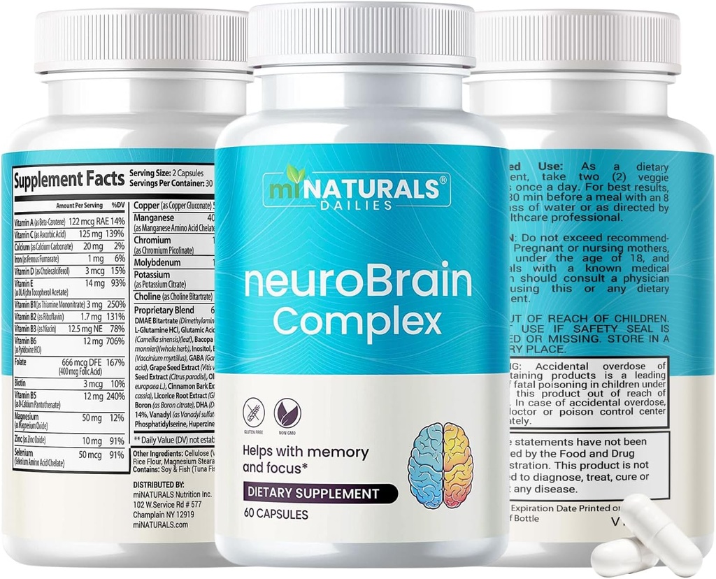 miNATURALS neuroBRAIN Complejo Suplementos para Ayuda con Memoria y Focus Para Hombres, Mujeres y Seniores, Vitaminas y Bacopa, GABA, semillas de uva, extracto de frutas de mora, y más...
