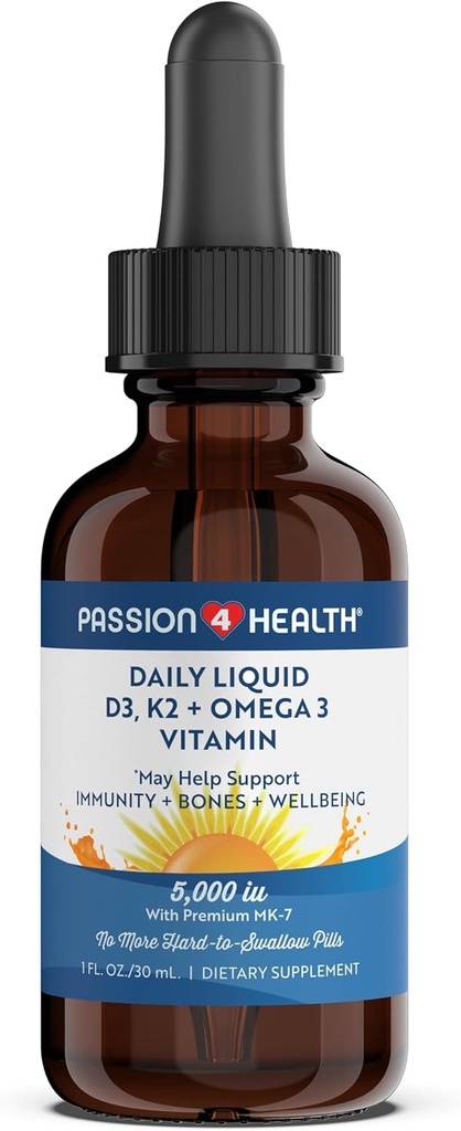 Pasión 4 Salud Vitamina Orgánica Líquida D3 K2 (Mk-7) + Omega 3 Suplemento - Líquida Vitamina D gotas (5000IU) - Soporte para Huesos y Musculos Saludables