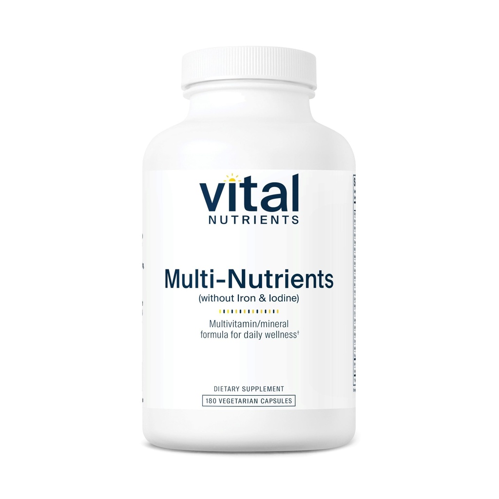 Nutrientes Vitales Multi-Nutrients with No Iron or Iodine ¦ Full Vegetarian Daily Multivitamin and Mineral Fórmula with Potent Antioxidants* ← Gluten, Dairy and Soy Free ← 180 Capsules