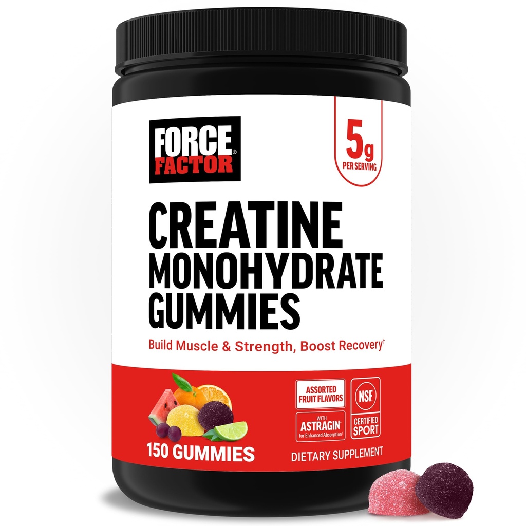 Factor de fuerza Creatine Monohydrate Gummies, 5g Dose for Men &amp; Women to Support Muscle, Strength, Recovery, Cognitive Health & Memory, Assorted Fruit Flavors, 150 Gummies