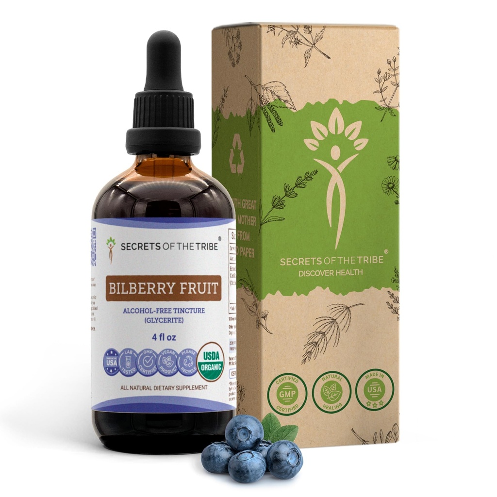 Secretos del extracto líquido libre de alcohol de Tribe Bilberry Fruit, USDA Bilberry orgánica (Vaccinium Myrtillus) Suplemento de Tintura de frutas secas (4 FL OZ)