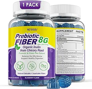 Gummies de fibra para adultos 8g (Inulin, Psyllium Husk, FOS Más) con Probióticos, Green Tea Extract, Sugar Free Plant Based Fiber Supplement Blend for Digestive Health, Regularity, Non-GMO, Vegan, 60Cts