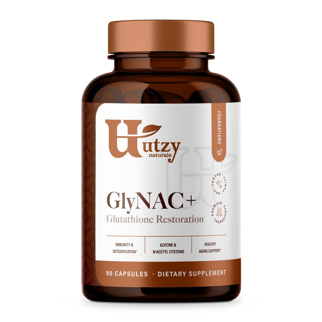 Utzy Naturals High Dose GlyNAC+ Supplement | 2,000mg of Glycine & NAC (N-Acetyl cysteine) | with Vitamin B2 Cofactor for Glutathione Production | 90 Capsules