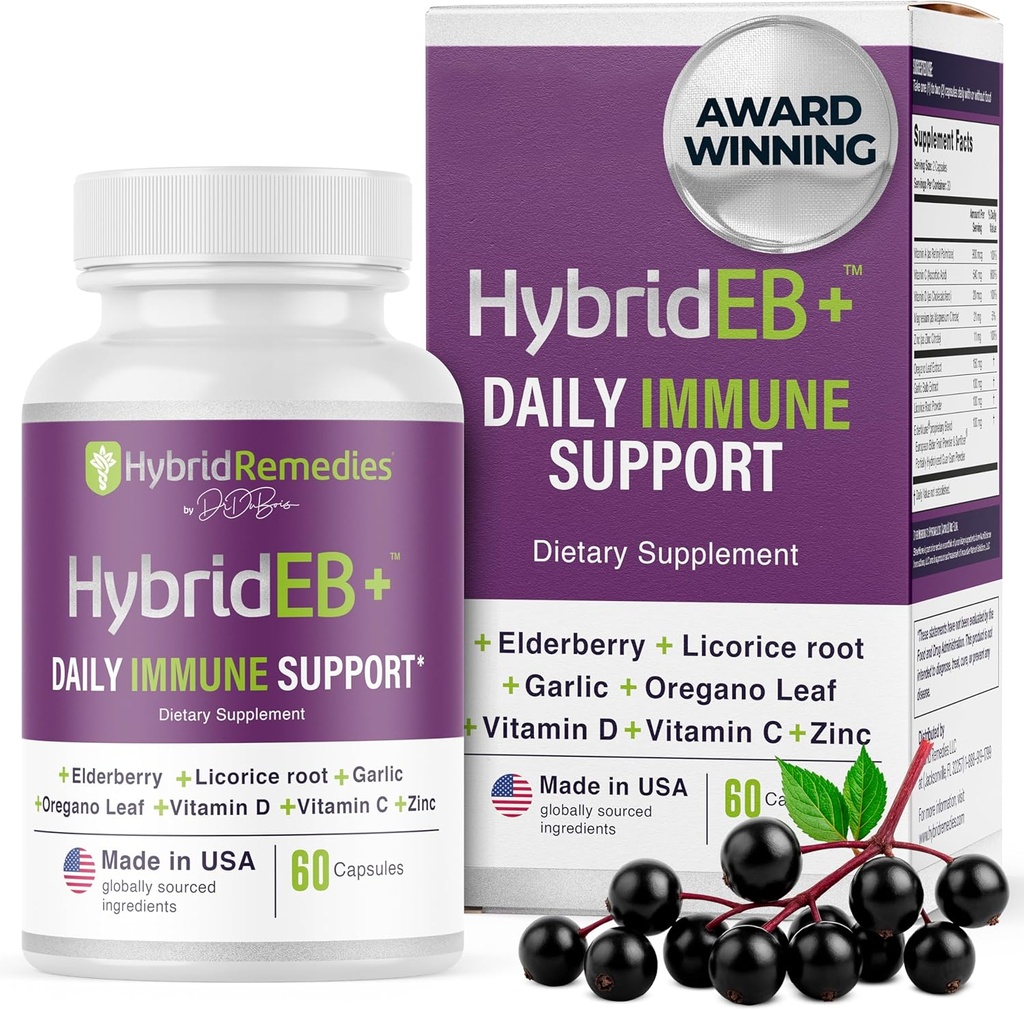 HybridEB Sambucus Elderberry Immune Support with Vitamin C, Zinc, Vitamin D3 - Antioxidant &amp; Immunity Supplement, 1 Month Supply - 9 in 1 Black Elderberry Kids and Adults - 60 cápsulas