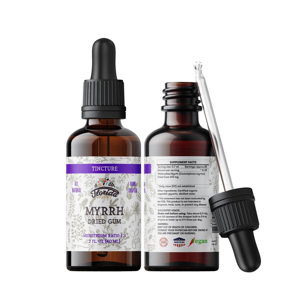 Mirra Tintura, Extracto de Mirra (Mirra de Commiphora) para la Indigestión - No GMO en Glicerina Vegetal Ecológica Presionada Fría 670 mg, Suplementos 670 mg