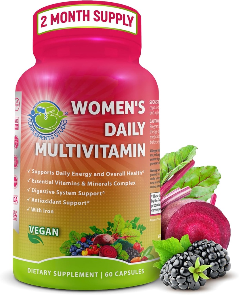 Multivitaminas diarias de mujeres con hierro - Multivitamina metilada vegana para mujeres con biotina, Superalimentos orgánicos, Probióticos, B-Complex - Energía, Gut &amp; Asistencia sanitaria óptima – Fácil de absorber cápsulas
