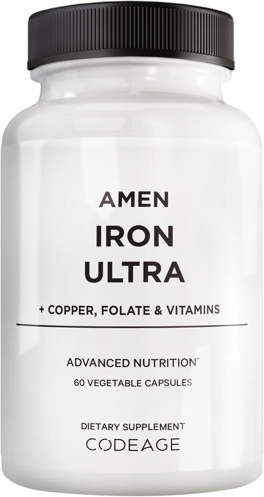 Amen Iron Ultra Supplement + Copper, Folate, Vitamina C y B12-2-Month Supply - Ferrous Sulfate Iron Vitamina - 65 mg Por Serving - Folic Acid - Píldoras no GMO - 60 cápsulas