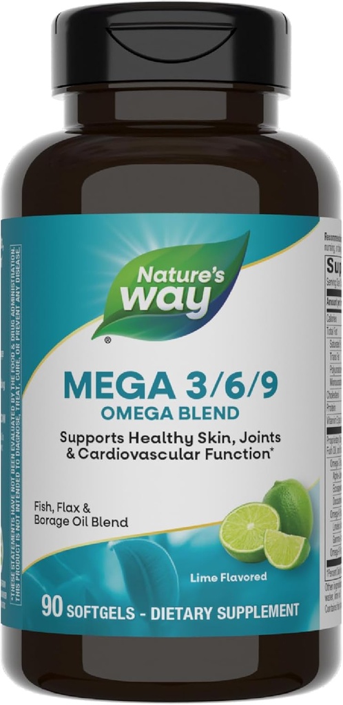 Camino de la Naturaleza Mega 3/6/9 Omega Blend, soporta la piel sana, las articulaciones, la función cardiovascular*, el pescado, el Flax, el aceite de borrado, 90 Lime Flavored Softgels (Packaging May Vary)