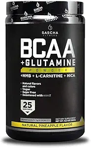 SASCHA FITNESS BCAA 4:1 + Glutamine,HMB,L-Carnitine, HICA ← Poderoso e Instant Powder Blend with Branched Chain Amino Acids (BCAAs) for Pre, Intra and Post-Workout habitNatural Pineapple Flavor,362.5g
