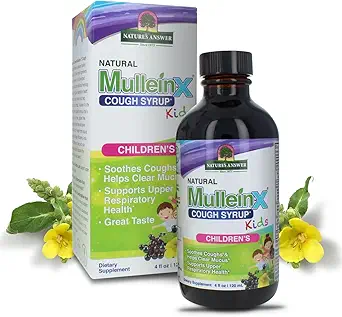 Respuesta de la naturaleza Mullein X Kids Cough Syrup 4 Ounce - Soothes Coughs, Clears Mucus, Respiratory &amp; Lung Support, Non GMO, Gluten Free, Non Drowsy, Mucus Relief - Natural Honey Flavor