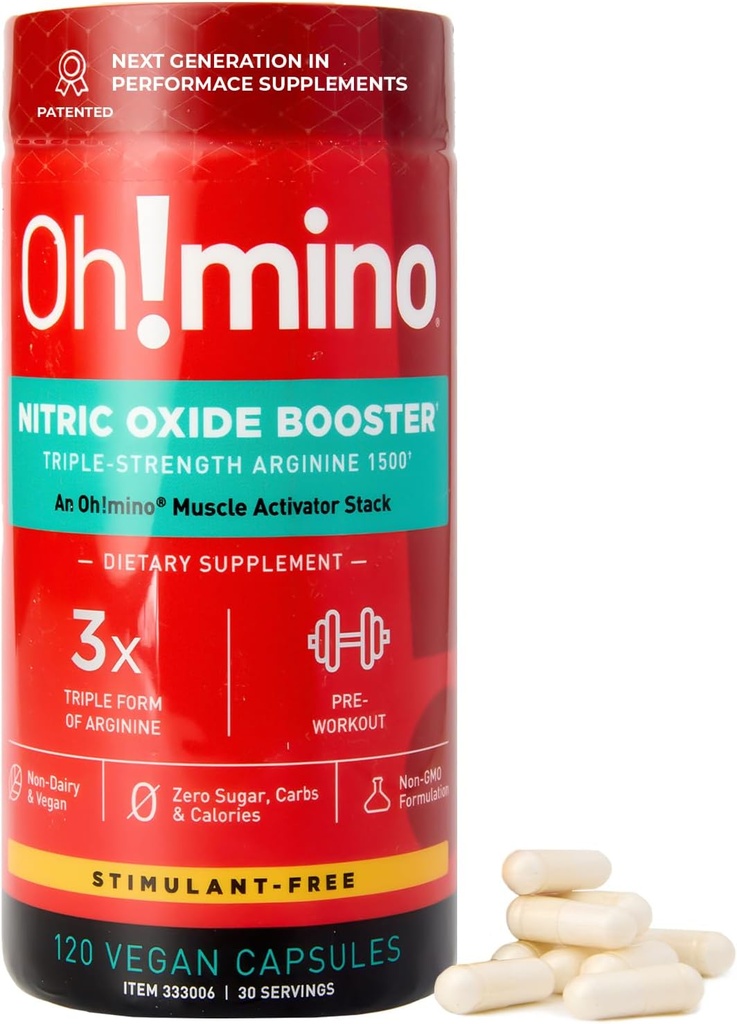 Oh!mino L-Arginina Nitric Oxide Suplemento - Suplemento de flujo sanguíneo, Nitric Oxide Booster w/Beetroot Powder for Energy, Focus, Endurance, Muscle Building - Pre &amp; Post Workout (120-Count, 30 Servings)