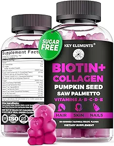 Piel de pelo y uñas 10000mcg Gummies & Collagen Gummies - Vitaminas de biotina para el crecimiento del cabello Pumpkin aceite de semilla, Saw Palmetto Extracto &amp; Vitaminas A B6 C D E - Suplementos de biotina y colágeno