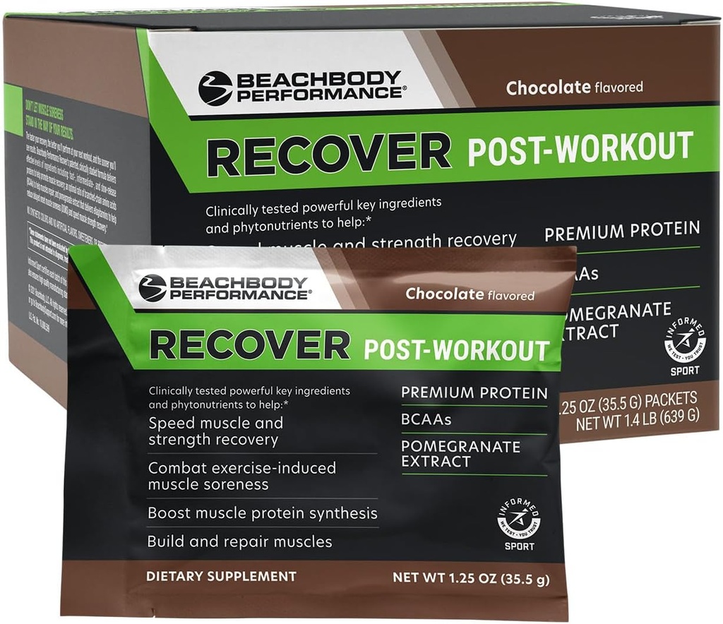 BODi Recover Whey Protein Powder Blend – Post-Workout Chocolate Whey Suplemento para la recuperación del músculo con 20g Proteína, BCAAs, Extracto de granada - Recuperación rápida - 18 paquetes de servicio