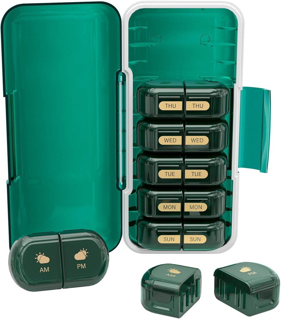 Weekly Pill Organizer 2 Times a Day, Moisture-Proof, Detachable Compartments, AM PM Pill Box 2X 7 Day, Travel Pill Organizer for Pills/Fish Oil/Medication/Vitamin/Supplements (Dark Green)