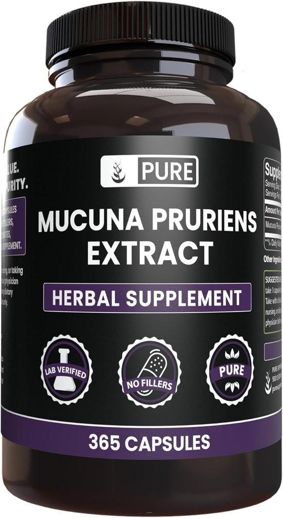 Ingredientes originales puros Mucuna Pruriens (365 capsules) No hay magnesio o rifles de arroz, siempre puro, lab verificado