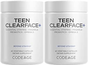 Codeage Teen Clearface Adolescent Face, Skin & Pimples, Vitaminas A, C, D3, E, Pantothenic Acid, Niacin, Zinc Supplement Teenagers, Probiotics, L-Lysine, Omega-3, Oily Skin, Pores, Spots - 2 Pack