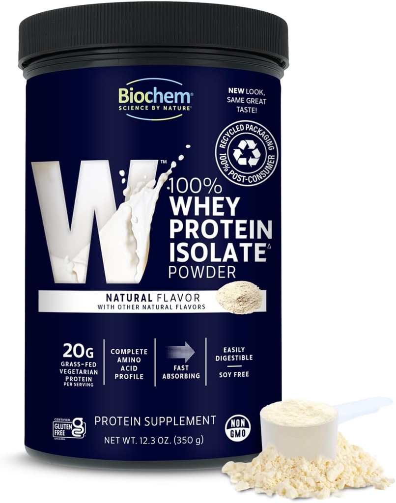 Biochem 100% Whey Isolate Protein - Natural Flavor - 12.3 Unce, Preworkout & Immune Health - 20g Vegetarian Protein - Fácilmente Digestible - Refreshing Taste - Keto Friendly &amp; Easy to Mix...