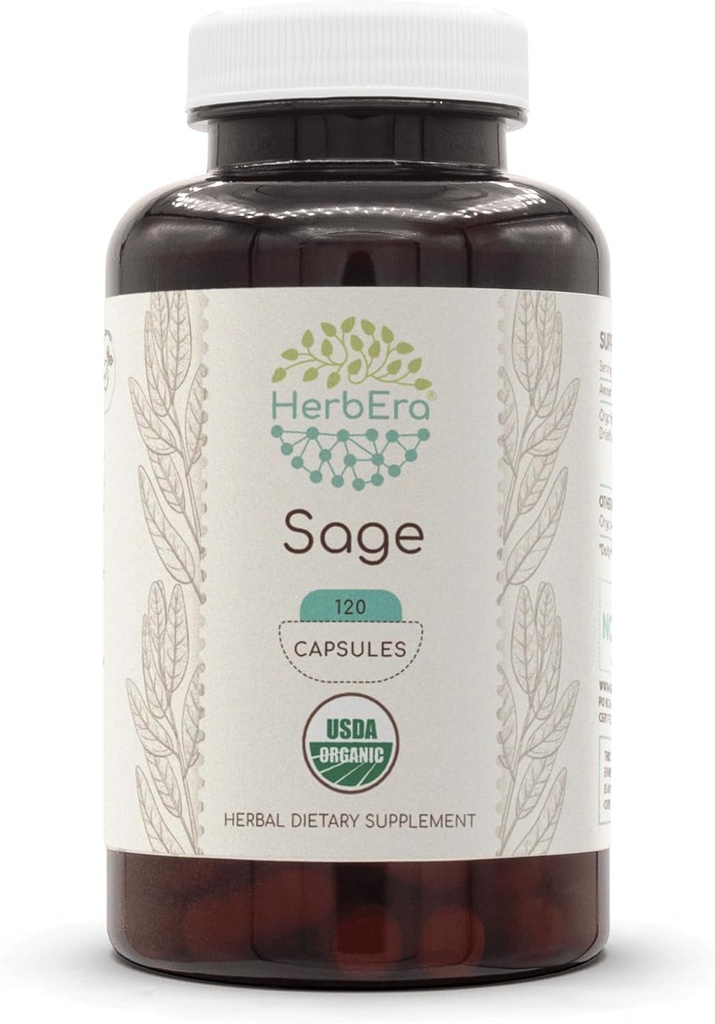 HerbEra Sage USDA Organic 120 Capsules ← Suplemento Natural Herbal Silencio Certified Organic Vegetarian Capsules and Organic Sage (Salvia officinalis) Leaf seco (120 cápsulas)