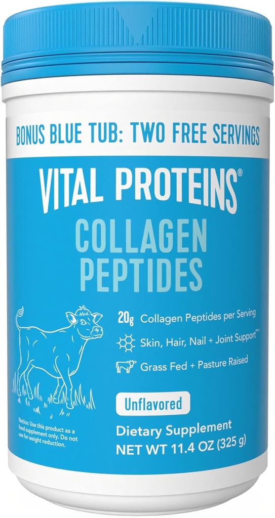 Proteínas vitales Péptidos de colágeno Polvo - Apoya el cabello, la uñas, la piel, la salud conjunta, el azúcar cero, 11.4oz