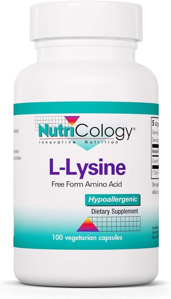 Nutricology L-Lysine - Immune Support, L-Lysine HCI, Free Form Amino Acid, 500mg Supplement, Pure, Organic, Vegetarian Capsules - 100 Count