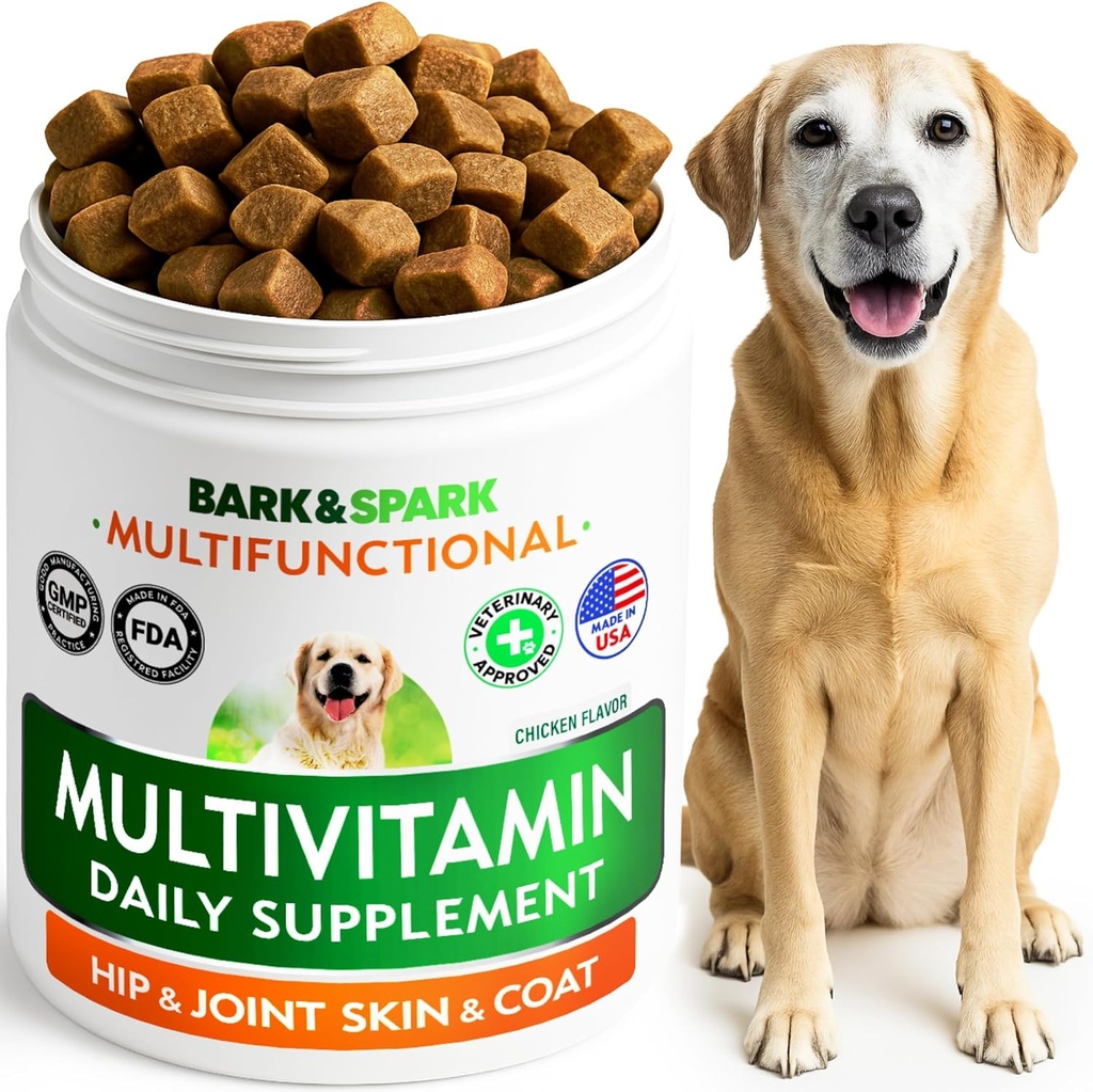 BARK CONSPARK Dog Vitaminas &amp; Suplementos - Multivitamin Chewable Treats for Dogs - Glucosamine Chondroitin for Joint Support + Omega for Skin &amp; Coat + Probiotics - Multi Vitamin for Pets Health - 120Ct