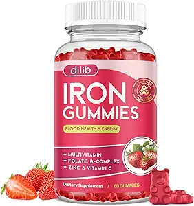 Mangas de hierro con multivitamina, suplemento de hierro para hombres con zinc, vitamina B Complejo " C, B12, Folate - Constructor de sangre " Apoyo energético para adultos " niños - sabor a fresa, Vegan 60 Gummies