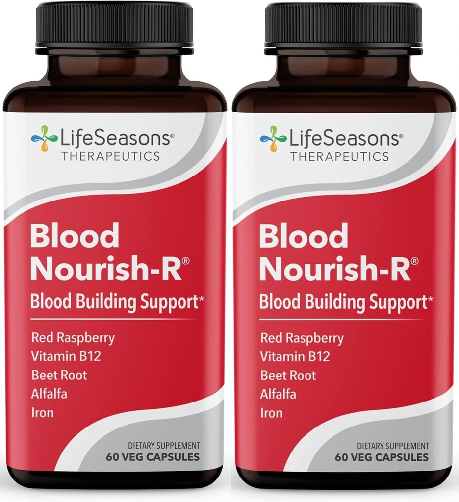 LifeSeasons Blood Nourish-R - Iron Supplement - Non Constipating - Supports Anemia, Fatigue, Paleness & Dizziness - Blood Building - Iron, Alfalfa, Raspberry & Vitamina B-12-60 Capsules (Pack of 2)
