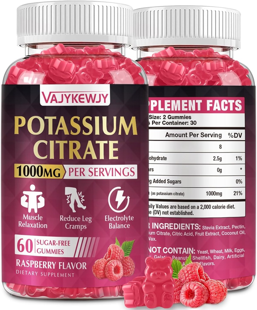 Potassium Citrate Gummies, High Potassium Supplement (1000mg), Supports Leg Cramps & Muscle Health, Suitable for Adults & Kids, Vegan, Non-GMO, 60-Count