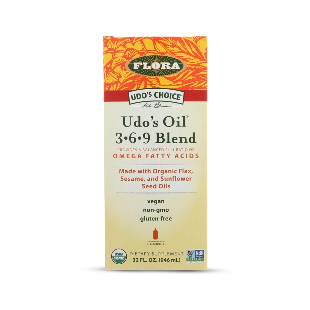 Flora Health UDO’s Oil Omega 3-6-9 32 Oz Supplement | Organic | Plant Based | Vegan Fish Oil Alternative | Blend of Flaxseed, Coconut, Evening Primrose & More