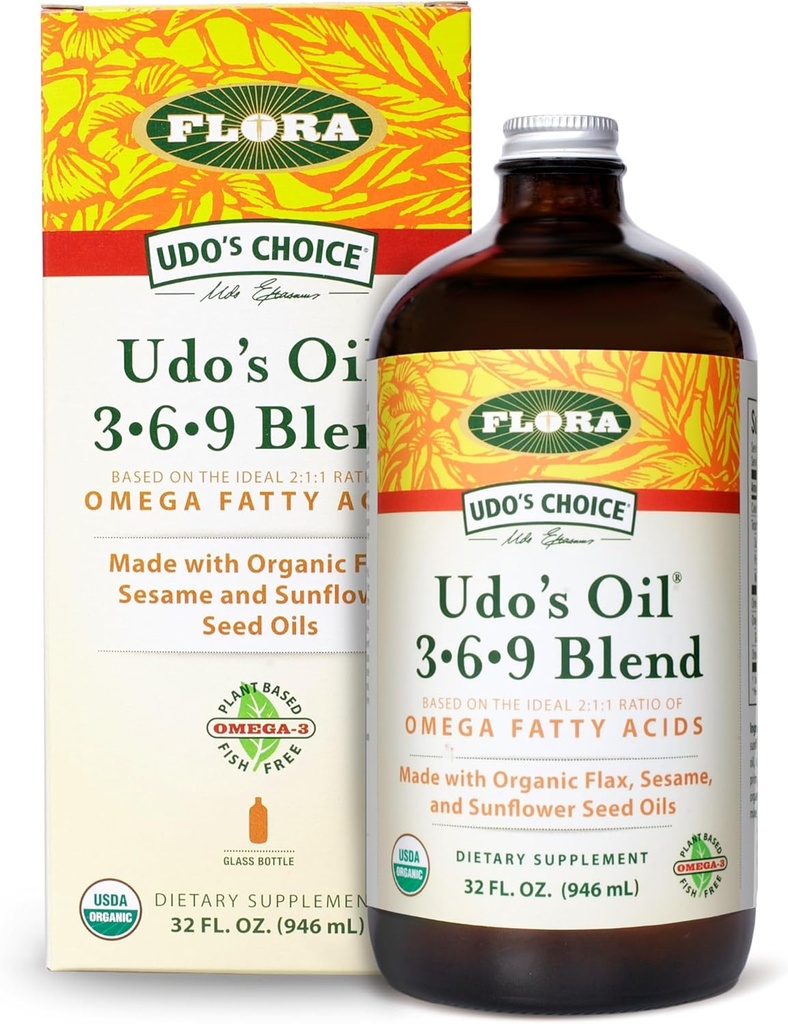 Flora Udo's Oil 3-6-9 Blend - Vegan Omega-3-6, Contiene Coco orgánico, Flax Seed Oil &amp; More - Mantén Chilled - 32 fl. oz.