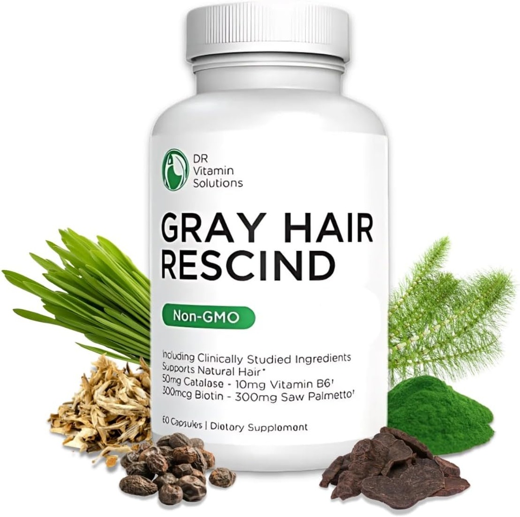 DR Vitamin Solutions Gray Hair Rescind with Catalase - Antiaging Hair, Skin and Nails Vitaminas, Pantothenic Acid, Folic Acid 400mcg, Biotin 300mcg, Saw Palmetto para Hombres y Mujeres
