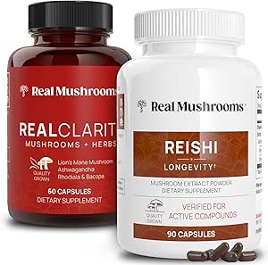 Real Mushrooms RealClarity (60ct) y Reishi (90ct) Capsules Bundle - Mushroom Supplement for Mental Clarity, Focus, Relax, Sleep & Longevity - Vegan, Non-GMO, Verified Levels of Beta-Glucans