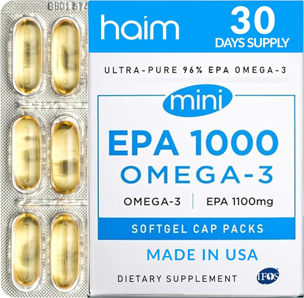 HAIM EPA1000 MINI – Pura EPA Fish Oil Suplemento – 1.100mg Omega-3 para el corazón, cerebro y salud conjunta – alta potencia, Burpless Softgels – pequeñas cápsulas fáciles de cambiar – 60 Softgels – Hecho en EE.UU.