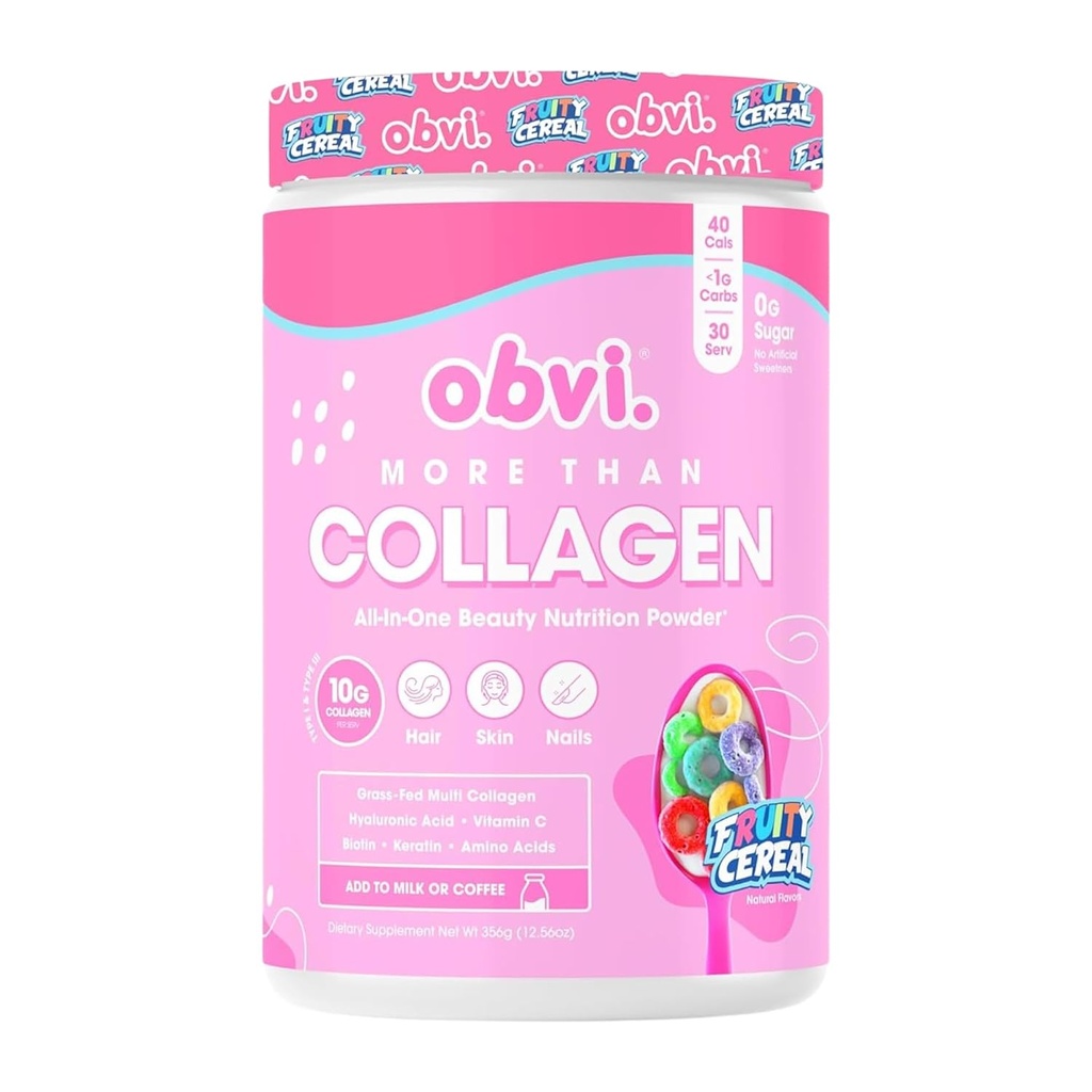 Obvi More Than Collagen Powder ← Soporta el cabello saludable, la piel, los clavos, las articulaciones, Gut  durable Grass-Fed Multi Collagen Suplemento con el ácido hialurónico, Biotin, Keratin TENIDO Afrutado Cereal, 30 Servimientos