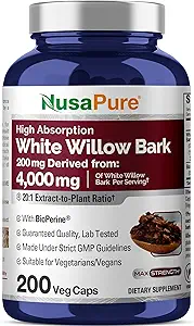 NusaPure White Willow Bark 20:1 Extract, 200 mg Equivalent to 4000mg, 200 Veggie Capsules, Max Strength, (Non-GMO, Vegan)