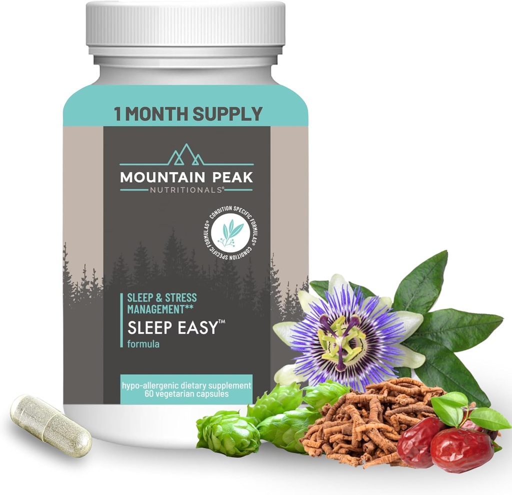 Nutrición de picos de montaña Fácil de dormir - Suplemento de apoyo al sueño Promoción de una mezcla relajada y tranquila - 5-HTP, Aminoácidos, Melatonina, &amp; Magnesio - Suplemento dietético hipoalergénico (60 cápsulas)