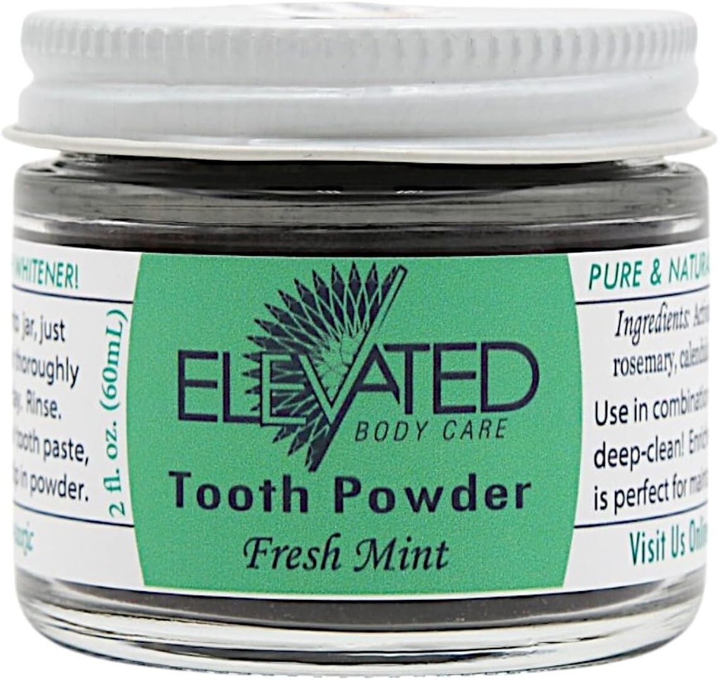 Polvo de dientes elevado – todo polvo de dientes natural con Xylitol y carbón activado - Herbal - Vegan - 2 oz Jar de vidrio - Mint o canela, Goes Grande con pasta de dientes elevado - Hecho en EE.UU.
