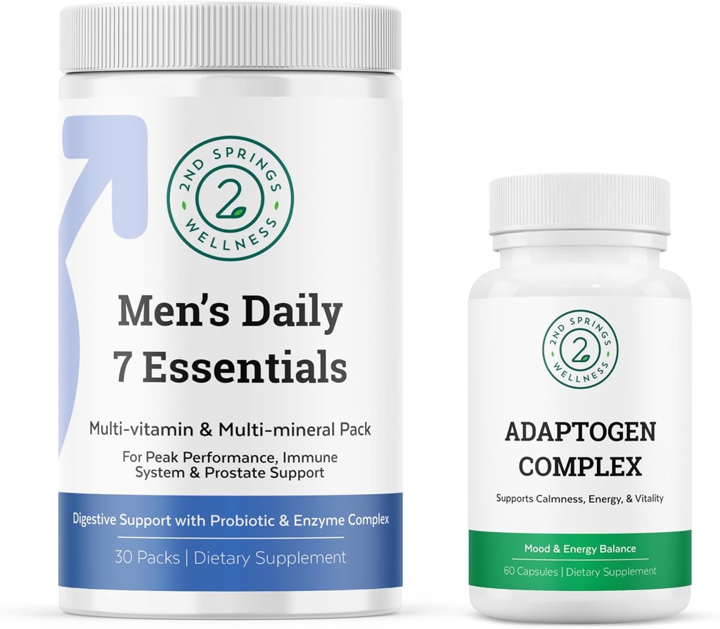 Men's Daily 7 Essentials & Adaptogen Complex Bundle - Complete Multivitamin Pack and Stress Adaptation Support for Men's Optimal Health