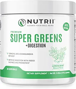 Ecológico Green Immunity Superfood Powder - Soothes Digestion, Boosts Healthy Vitality and Energy. Fórmula de acción rápida con Probióticos, Enzymes, Turmérico y Ashwagandha (30 Servimientos Lemon-Mint)