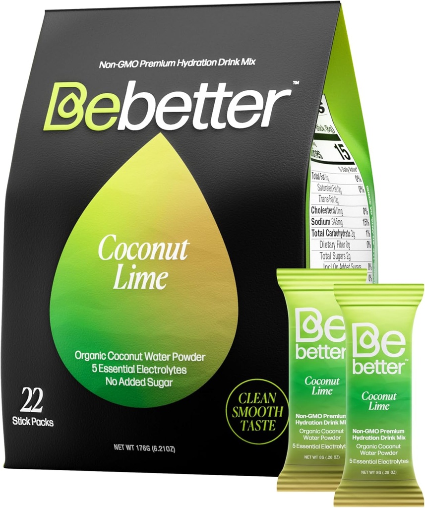 Bebetter Electrolitos orgánicos Embalajes de Polvo ← Daily Electrolyte Drink Mix ¦ Orgánica Coconut Water TEN No Artificial Flavors ← Sugar Free Hydration Packets ← Non-GMO ← 22 Sticks Pack (Cococo y limón)