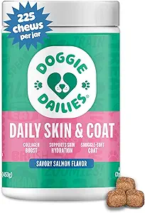 Doggie Dailies Skin &amp; Coat Supplement Support, Salmon Oil for Dogs Skin and Coat with Collagen, Omega 3, Krill Oil, Biotin, & Coconut Oil for Dogs (Salmon) 225 Soft Chews