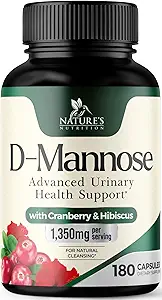 D-Mannose Suplemento 1,350 mg con Cranberry & Hibiscus - Activo rápido eficaz, aflojar las impurezas para la vejiga natural, Urinary Tract Health Support, para Mujeres y Hombres, No GMO, Vegan, 180 cápsulas