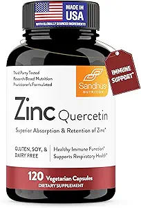 Sandhu's Zinc Quercetin 120 Vegetarian Capsules (Pack of 1) TEN Zinc Suplementos para Antioxidante Apoyo Inmunitario para Hombres y Mujeres TEN Gluten, Soya, Dairy Free