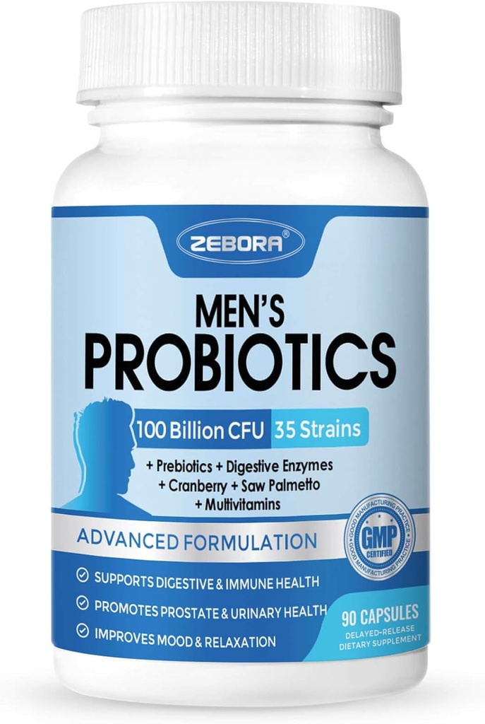 ZEBORA Probióticos para Hombres 100 Billones CFU - Probióticos para Salud Digestiva, Suplemento Probiótico de Hombres, Prebióticos & Enzymes, para Salud Prostata con Saw Palmetto tención 90 Veg Capsules
