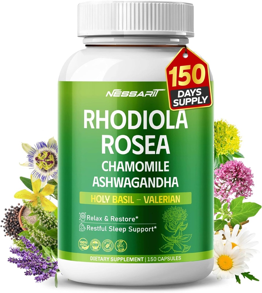 RHODIOLA ROSEA Supplement- 11-in-1 Natural Blend with Chamomile L-Theanine Ashwagandha Holy Basil Valerian Passionflower - 150 Count - Made &amp; Tested in The USA